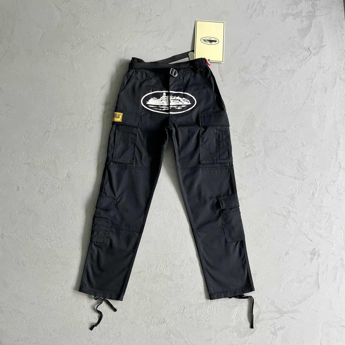 CRTZ Corteiz Cargo Pants , Color Black With White Logo, Yellow Patch 5 Stars ⭐️