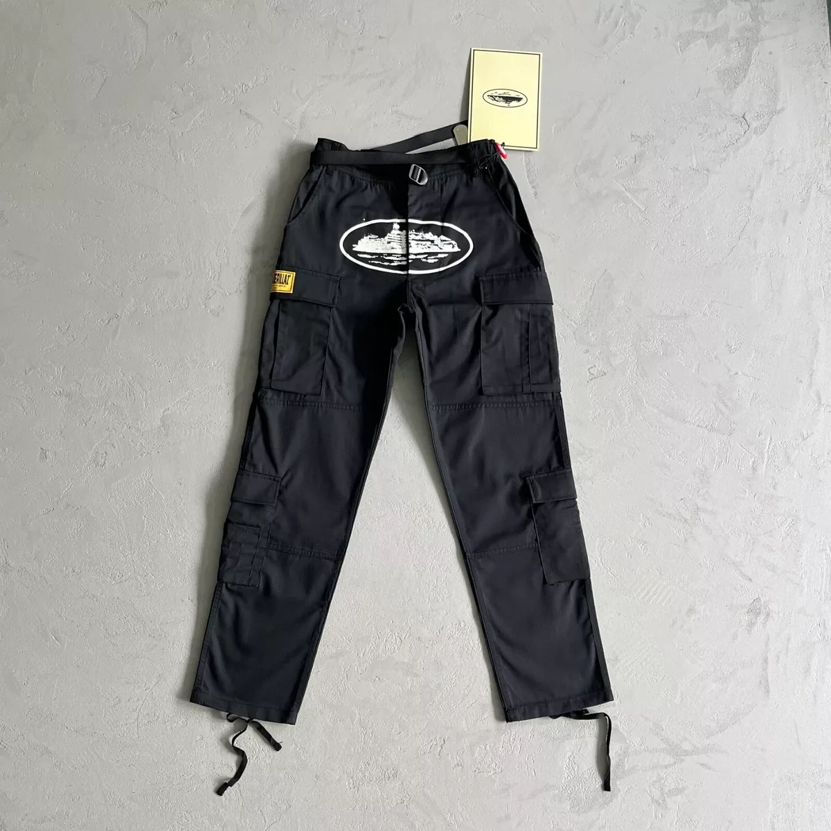 CRTZ Corteiz Cargo Pants , Color Black With White Logo, Yellow Patch 5  Stars ⭐️