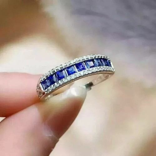 Princess Cut Simulated Blue Sapphire Wedding Band Ring In 14k White Gold Plated - Picture 5 of 6