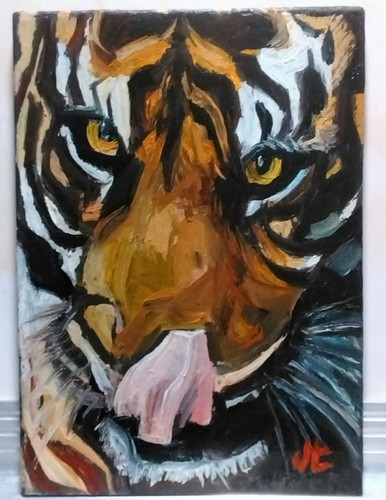 ACEO original oil painting TIGER Big Cat feline animal contemporary fine art ATC - Photo 2 sur 4