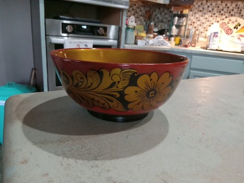 Handgefertigte russische UdSSR Lackgeschirr Holzschale 3x5,5" schwarz rot gold Blumen Blätter - Bild 3 von 6