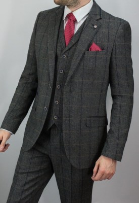 Mens 3 Piece Classic Tweed Herringbone Check Grey Navy Slim Fit Vintage Suit Mens 3 Piece Classic Tweed Herringbone Check Grey Navy Slim Fit Vintage Suit