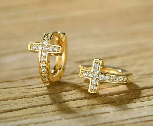 2Ct Round Cut Lab-Created Diamond Cross Hoop Earrings 14k Yellow Gold Plated - Picture 1 of 4