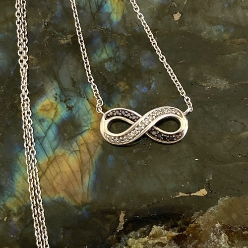 Sterling Silver 925 Diamond & Sapphire Infinity Pendant Necklace 18.5" Chain - Picture 3 of 18