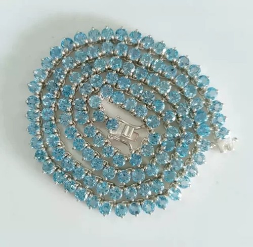 14k White Gold Plated Round Cut Blue Diamond Lab Created Tennis Necklace 22" In - Picture 7 of 9