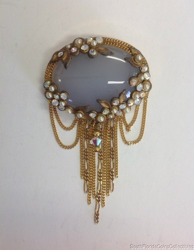 Costume Jewelry Vintage Antique Designer Elvine? Moon Stone Pin 2" - Picture 6 of 8