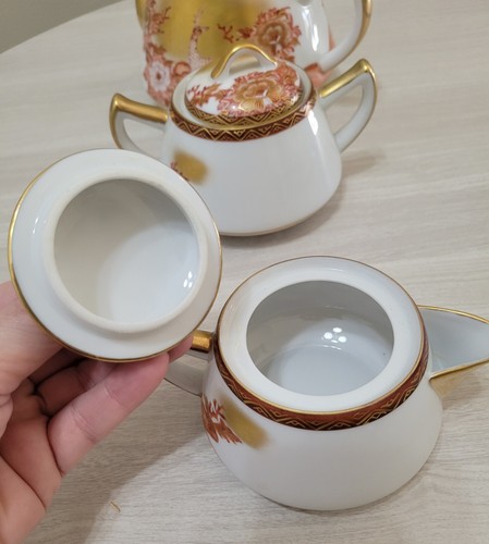 Vtg Kutani Red Peacock Peonies Porcelain 3pc Tea Set Gold Gilt Maroon Japan - Picture 14 of 15