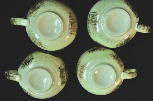 4 Vintage Vernonware Raffia Flat COFFEE CUPS Mint Green Brown Brush CA Pottery - Picture 4 of 4