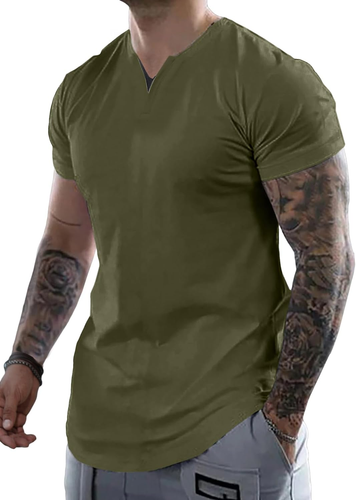 Mens Muscle Slim T Shirts V-Neck Longline Henley Shirt Gym Workout Athletic Tees - Picture 12 of 12
