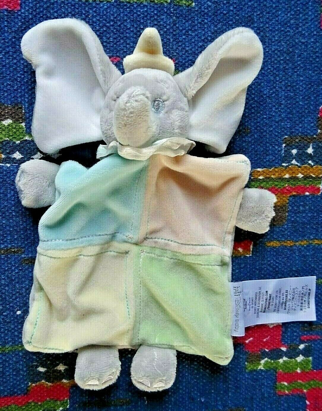 Doudou plat Disney Store Dumbo éléphant patchwork bleu vert pour cadeau de naissance