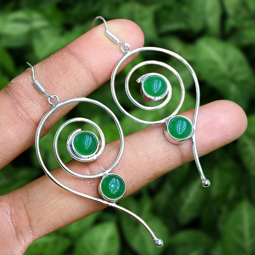 Gift For Her Green Onyx Gemstone Spin Earring 925 Sterling Silver Plated Jewelry - Picture 3 of 5