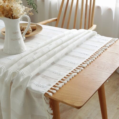 Enova Home Quality Washable Wrinkle Free Cotton Linen Tablecloth with Tassel - Picture 16 of 36