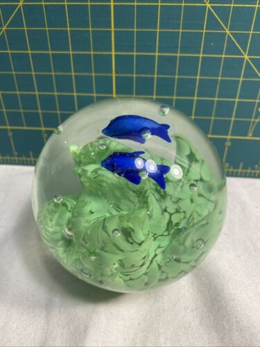 Murano Green Grass and Blue Fish Paper Weight Ball - Picture 3 of 5