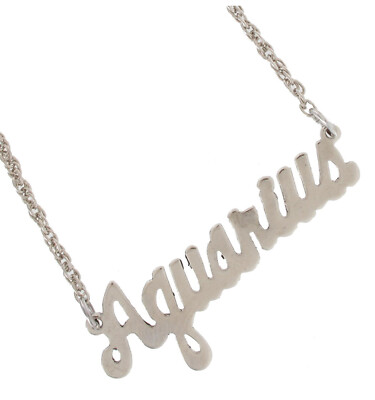''Aquarius'' Necklace Astrology Pendant 18''  Silver Tone Script Zodiac