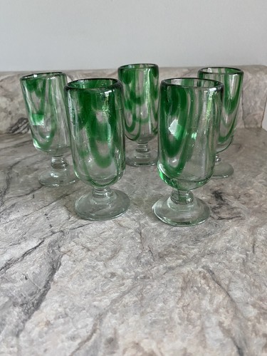 Vintage Dampf seltene grüne mundgeblasene Mini Schnapsglas Gläser 5er Set