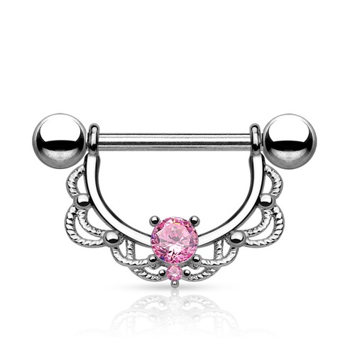 Pair of CZ Centered Fligree Drop Surgical Steel Nipple Rings Barbells 14G 5/8" - Picture 7 of 9