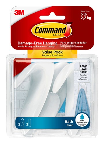 Command Large Towel Hooks Value Pack Frosted 3 Wall Hooks Bathroom Organization