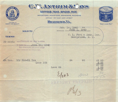 Richmond Virginia VA ~ C W Antrim-Old Herrenhaus COFFEE TEAS SPICES 1940