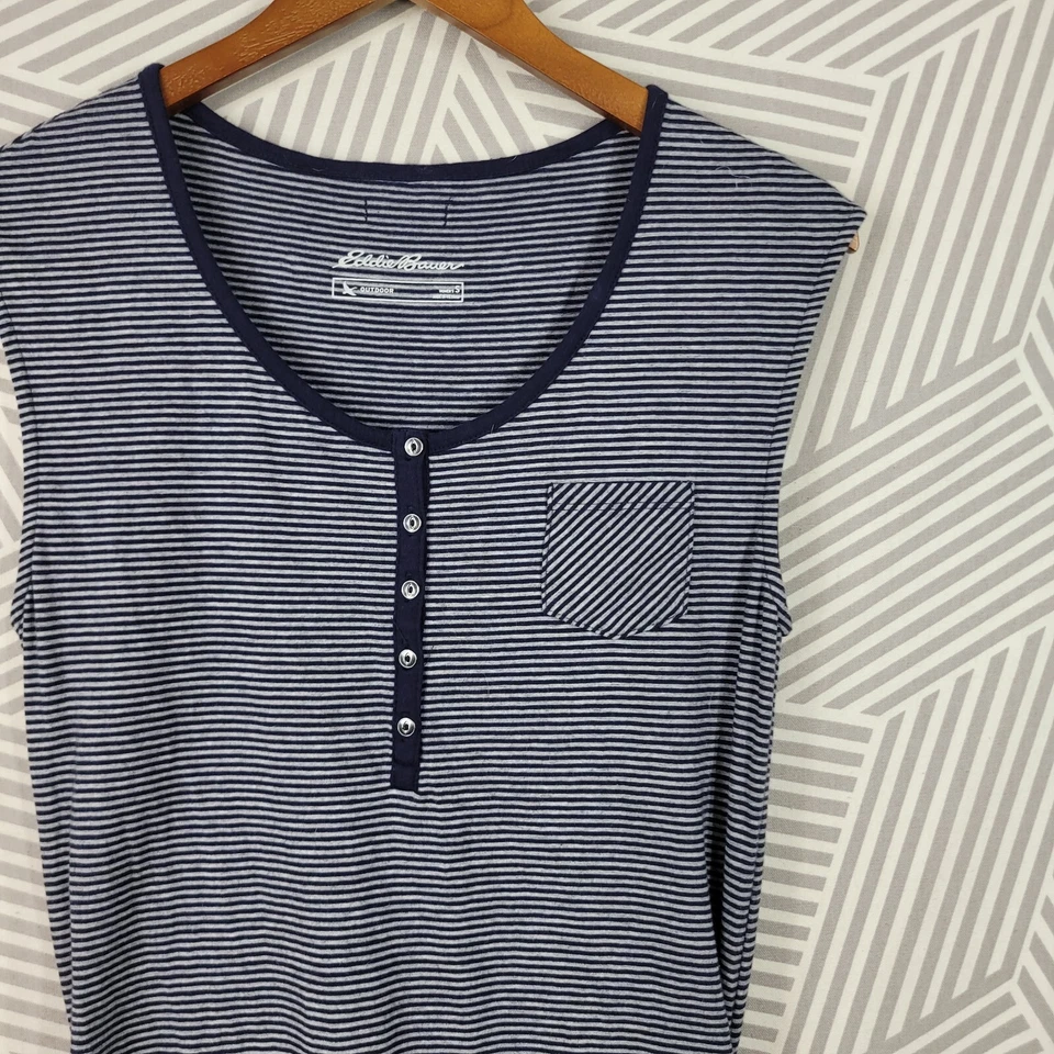 Vestido Camisa Eddie Bauer Tamanho Pequeno Casual Ruched Elástico Azul Cinza Listrado - Imagem 3 de 4