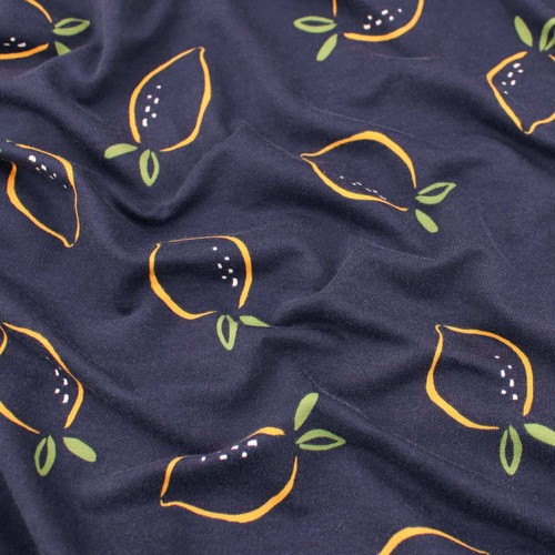 Lemons on Navy French Terry Jersey Knit Stretch Spandex Pattern OEKO-TEX Fabric - Picture 7 of 7
