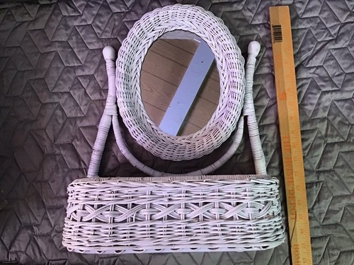 Vintage Table Top White Wicker Vanity Mirror with Shelf Hand Woven NIB - Picture 4 of 10