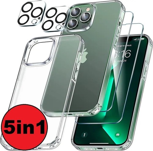 5in1 iPhone 16 15 14 13 12 Pro Max Hülle Kamera Schutzglas 9H Panzerfolie Bumper