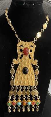 NECKLACE ACCESSOCRAFT N.Y.C. ETRUSCAN Gold Metal Cabochon Bib Pendant