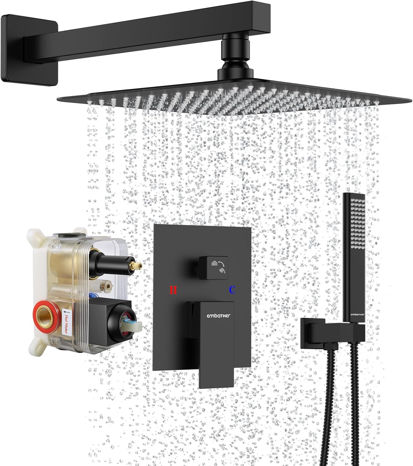 Black Shower System 12 Inches Shower Faucet Set with Square Rain Shower Head and