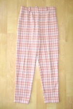 Vtg 60s 70s Peach Rust Plaid Poly Knit High Waist Taper Leg Mom Pants 30 in.