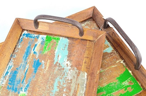 Juego de 2 bandejas para servir de anidación rústicas de madera maciza granero estilo en dificultades 19x12 - Imagen 4 de 12