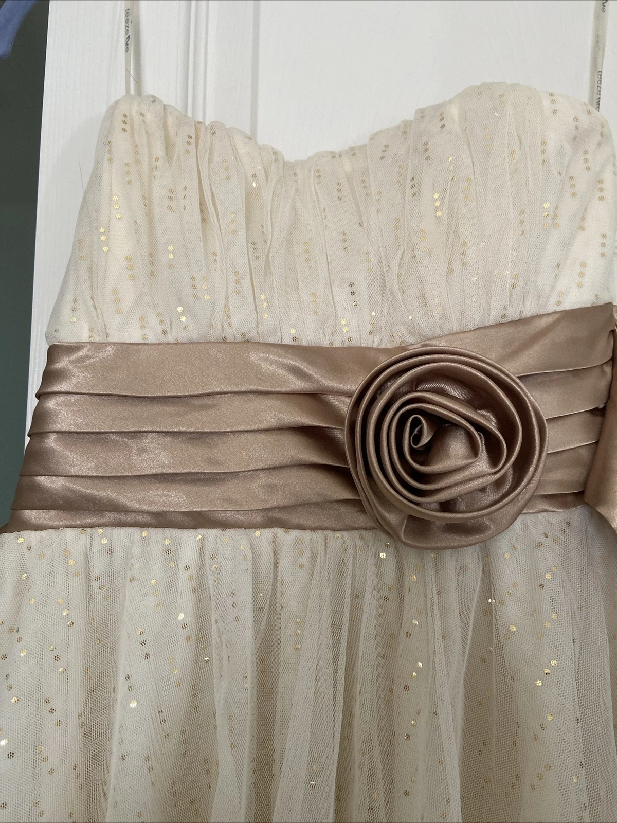OFF WHITE Abito Teeze Me taglia 5 oro bianco scintille cravatta vita nastro posteriore e cerniera