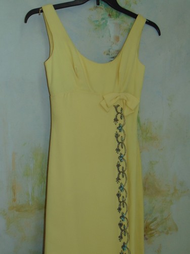 Vintage 1950s Beaded Crepe Evening Gown Wiggle Wrap Yellow Maxi Shelf Bust Dress - Picture 7 of 9