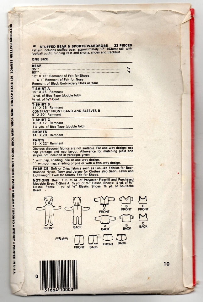 VTG BUTTERICK SEWING PATTERN 201, SOCCER SPORTS TEDDY BEAR 17" Cut, Complete - Image 2 of 3