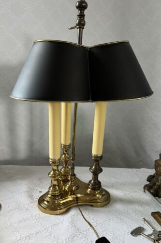 VINTAGE BRASS BOUILLOTTE DESK 3-Light Lamp w Tole Shade Tested Working - Picture 5 of 10