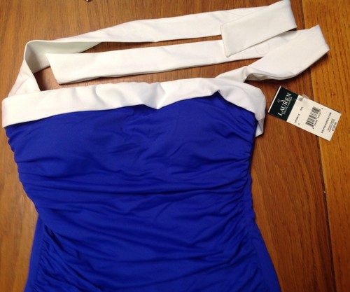 NEU MIT ETIKETT ROYALBLAU WEISS BESATZ NECKHOLDER EINTEILER BADEANZUG GRÖSSE 4 KREUZFAHRT URLAUB RÜSCHE - Bild 2 von 6
