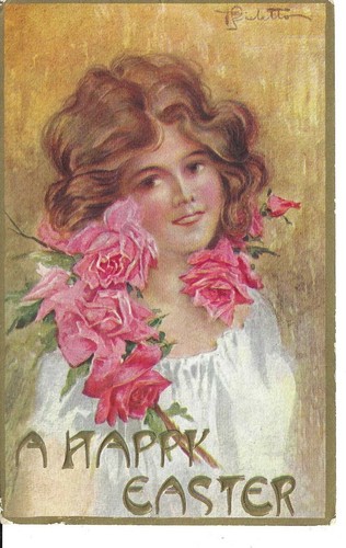 OSTERN POSTKARTE FROHE OSTERN - ARTST SIGNIERT HÜBSCHES MÄDCHEN MIT ROSEN GEPRÄGT - Bild 1 von 2