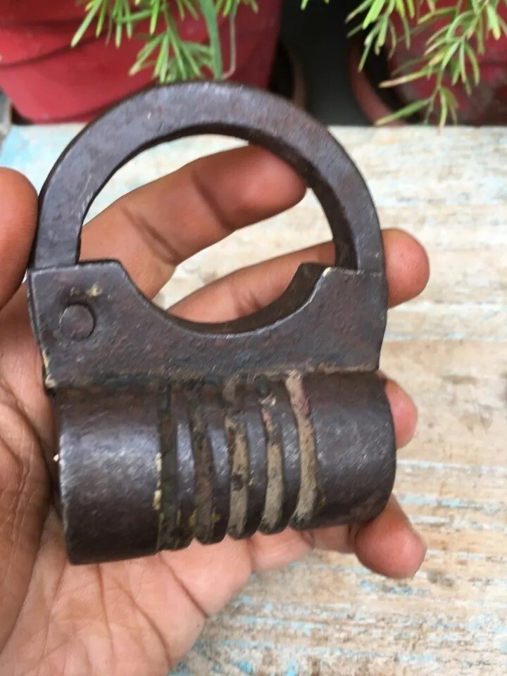 Antique Primitive Indian Hand Forged & Figured Iron Made Rare Design Lock & Key