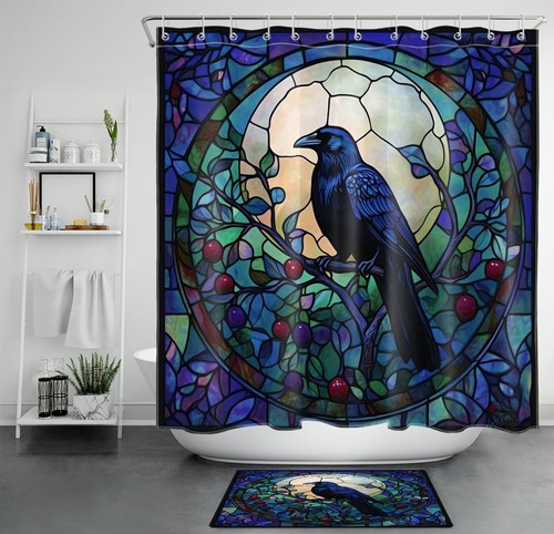 Retro Glass Spooky Black Halloween Crow Shower Curtain Bathroom Accessories Set - Picture 22 of 25