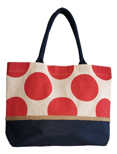 Mud Pie Polka Dot Tote Canvas Bag Orange Navy Large 18in Carry All - Picture 3 of 7