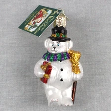 Old World Christmas TEDDY BEAR SNOWMAN Blown Glass Ornament 2002 Merck Family 3"