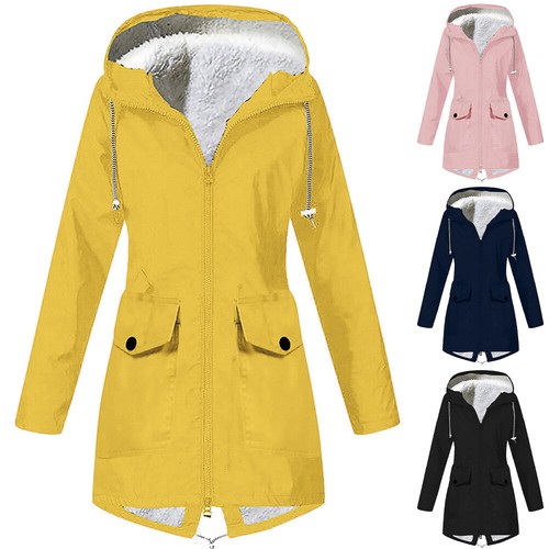 Langer wasserdichter Damenmantel Jacke Oberbekleidung Tops mit Stofffleece gefüttert Kapuze Reißverschluss - Bild 8 von 16