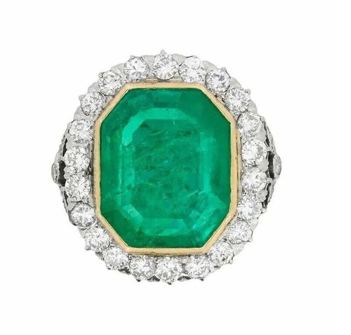 Art Deco 16.15 Carat Colombian Emerald & Transitional Cut CZ Halo Stunning Ring - Picture 2 of 8