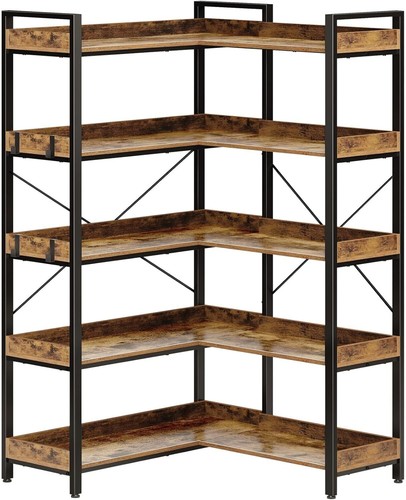 Bookshelf 5 Tier with 4 Hooks, Reversible Corner Bookshelf,65" Industrial Wooden