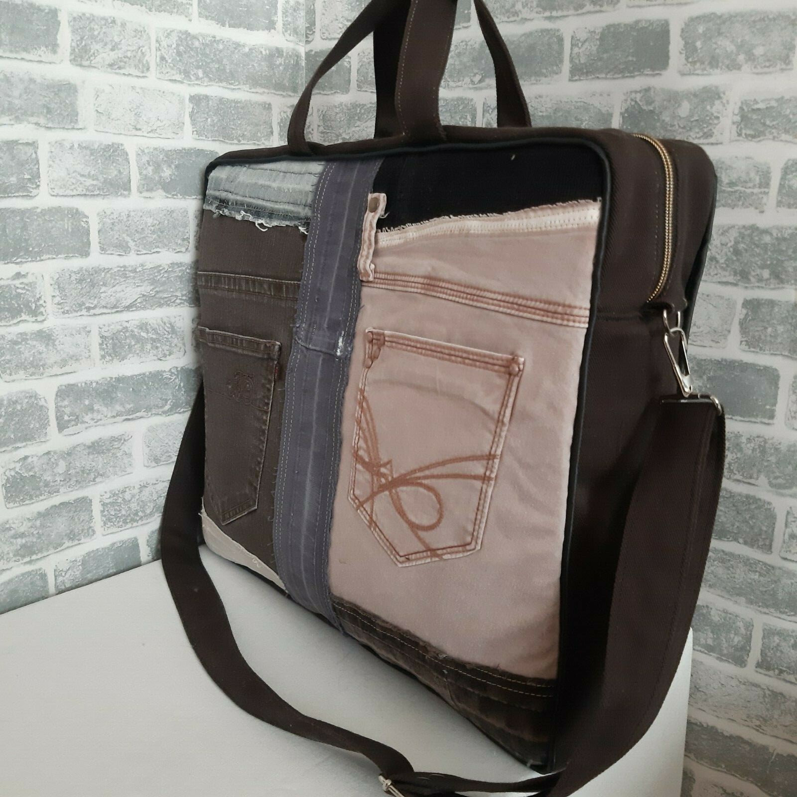 Handmade Boro denim briefcase Patchwork denim bag for college Large laptop bag Popularne oferty