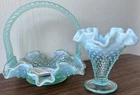 2 Fenton blue opalescent hobnail basket Vase