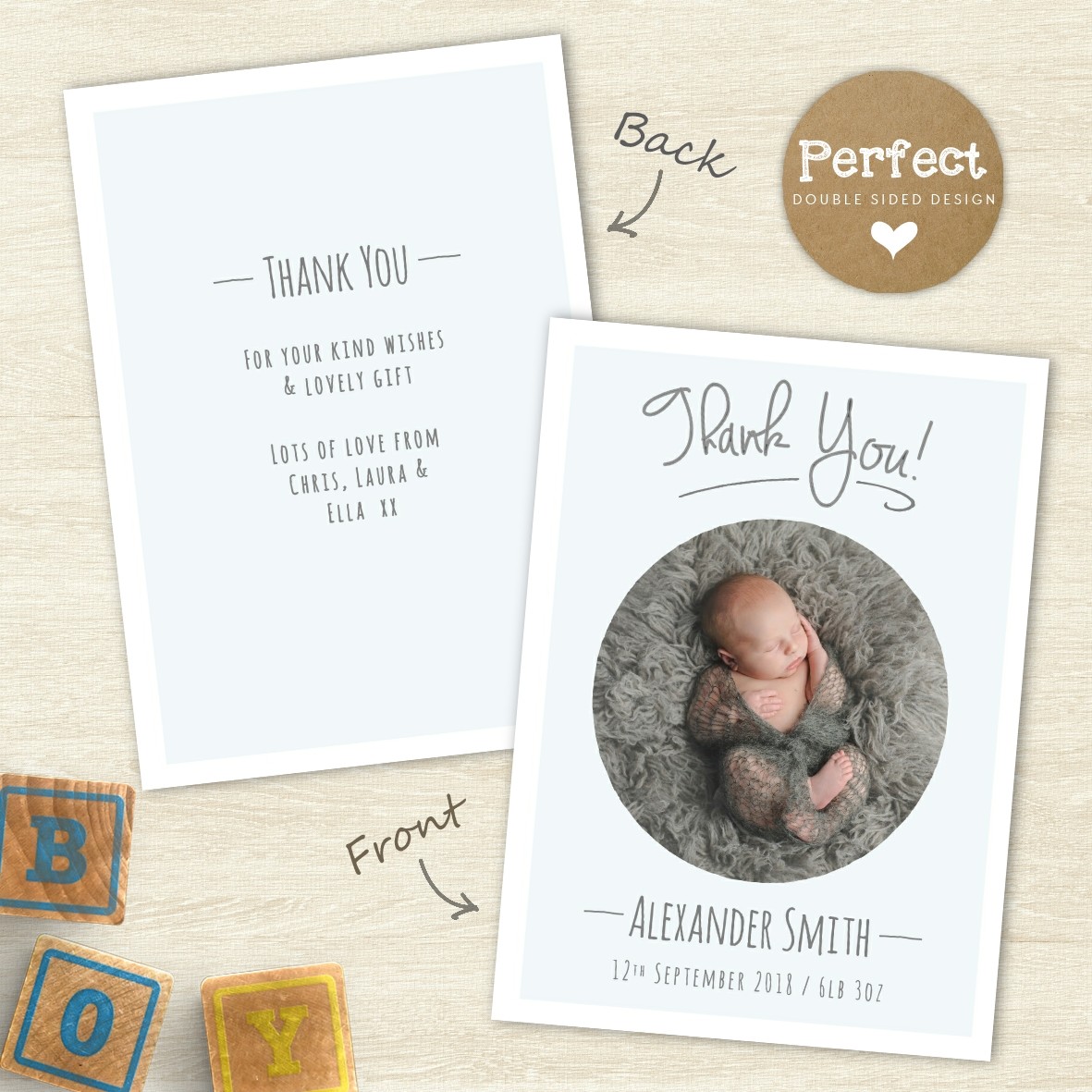 New Baby Thank You Cards, Printed Double Sided, baby boy / girl (B2) Zapasy wysyłkowe
