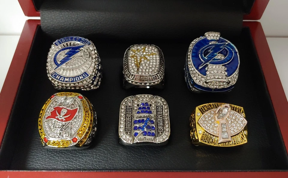 Tampa Bay - Juego de 6 anillos de campeonato con caja de exhibición de madera. Lightning Rays Bucs Foto 4 de 4