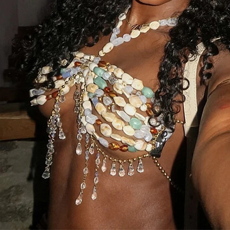 Sujetador Bikini Hecho a Mano con Tirantes Huecos Borla Elegante Perla Cuerpo Cadena  Foto 4 de 4