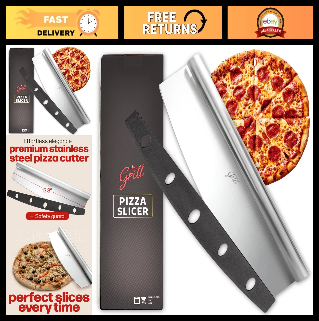 Hans Grill 14" Stainless Steel Rocking Pizza Cutter with Safety Cover