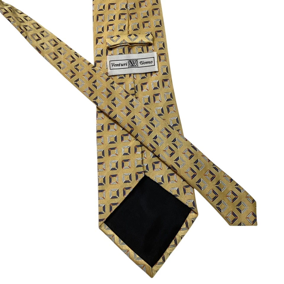 Corbata de diseñador VENTURI UOMO 100 % seda XL geométrica amarilla/azul/naranja usada en excelente estado Foto 3 de 3